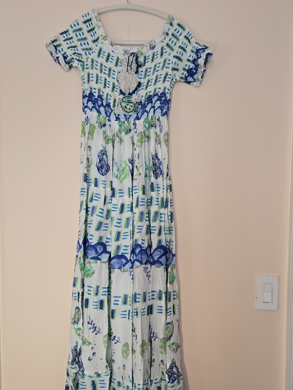 Blue & Green Printed Maxi Dress With Beaded Bodice Sz.OS